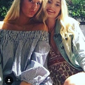 Off the shoulder striped blue and white shirt